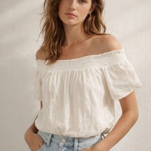 Romantic Off-Shoulder White Blouse | Textured Embroidery | XS | Boho Style